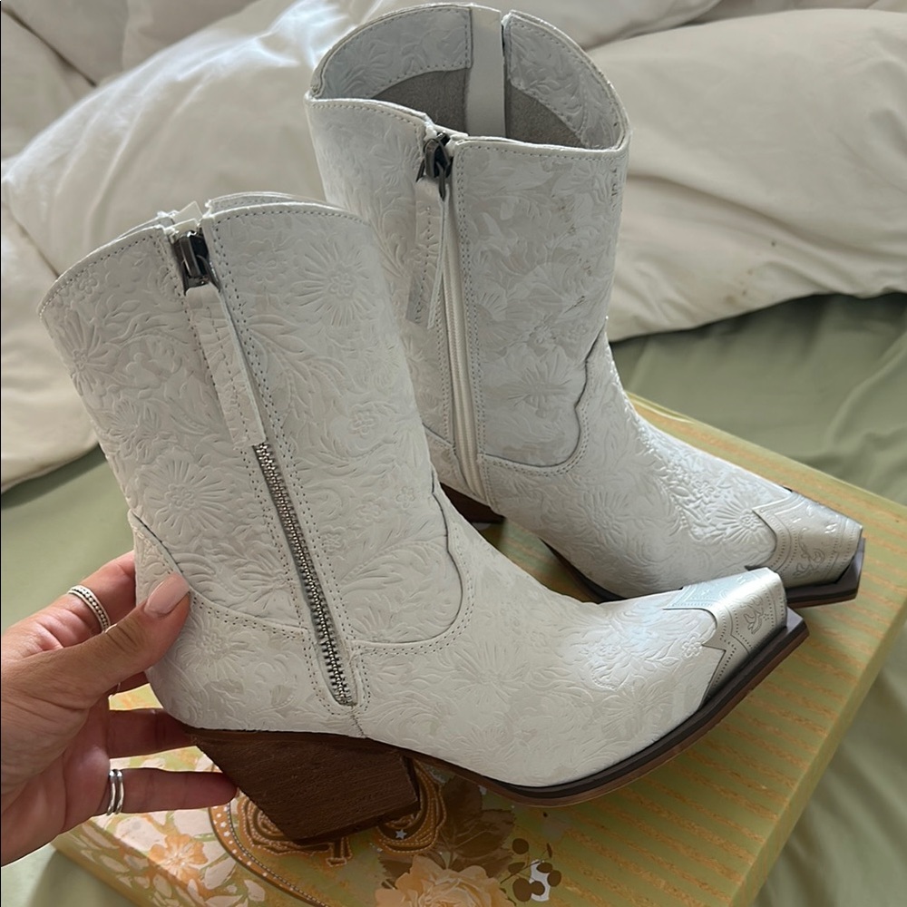 White Embossed Western Boots